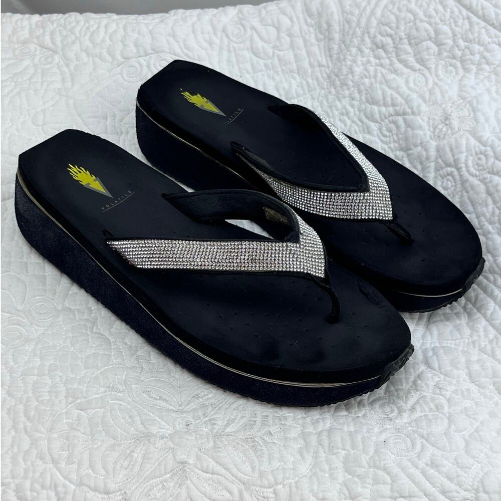 Volatile Women Black Rhinestone Wedge Vacation Beach Pool Summer Sandals Size 10